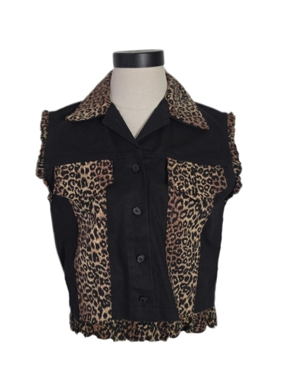 Denim Vest 100% Cotton Leopard Print Button Front Crop Vest Black Size S